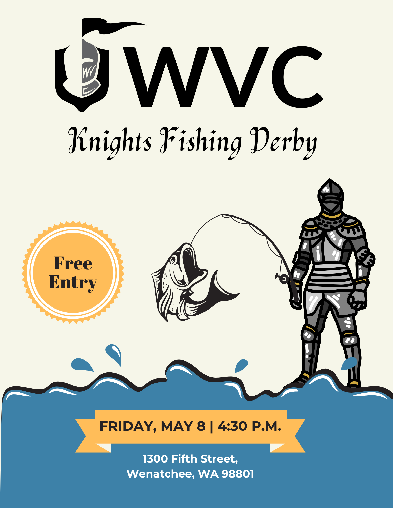 WVC Knights Fishing Derby Flyer Flyer showing graphic of a black knight with a fishing pole and a large fish. Title says, "WVC Knights Fishing Derby".