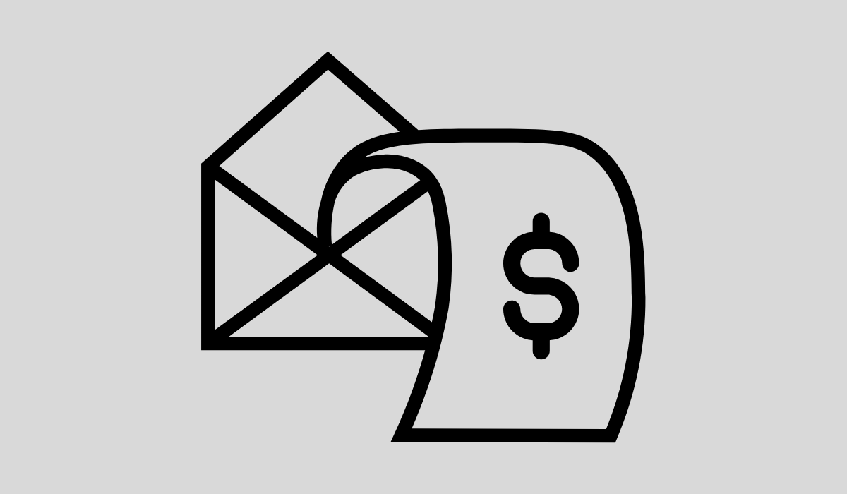 A gray box with an icon of an open envelope, a slip of paper with a dollar sign coming out of it.