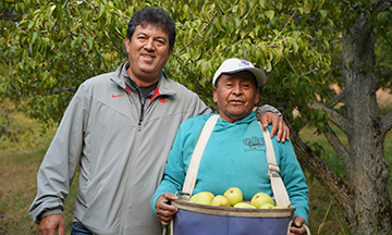 WVC HOEEP student Apolinar Ramos stands beside HOEEP Professor Francisco Sarmiento in an orchard.