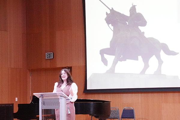 Ellie Camp gives a presentation about the Hwarang in the Music and Art Center.