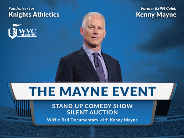 Flyer image with a photo of Kenny Mayne wearing a suit and a background graphic of a football stadium with white text about The Mayne Event.